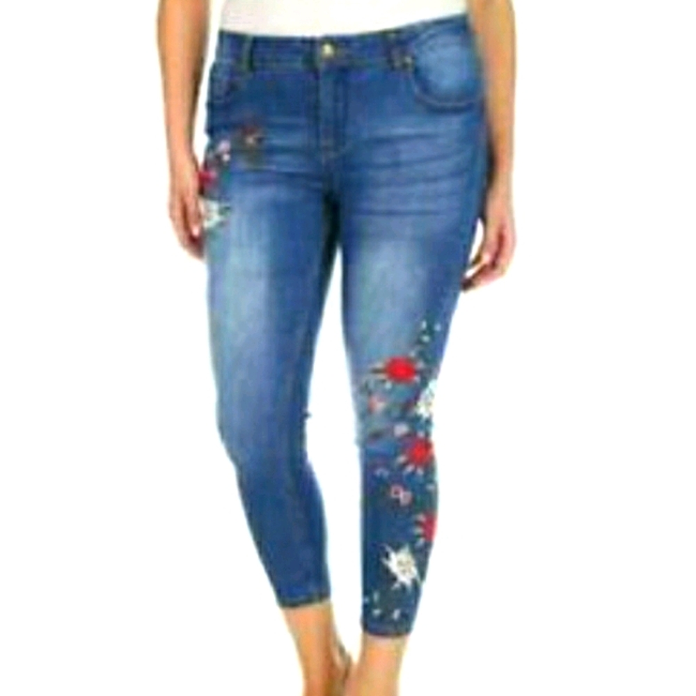 Sandpaper floral embroidered skinny ankle jeans